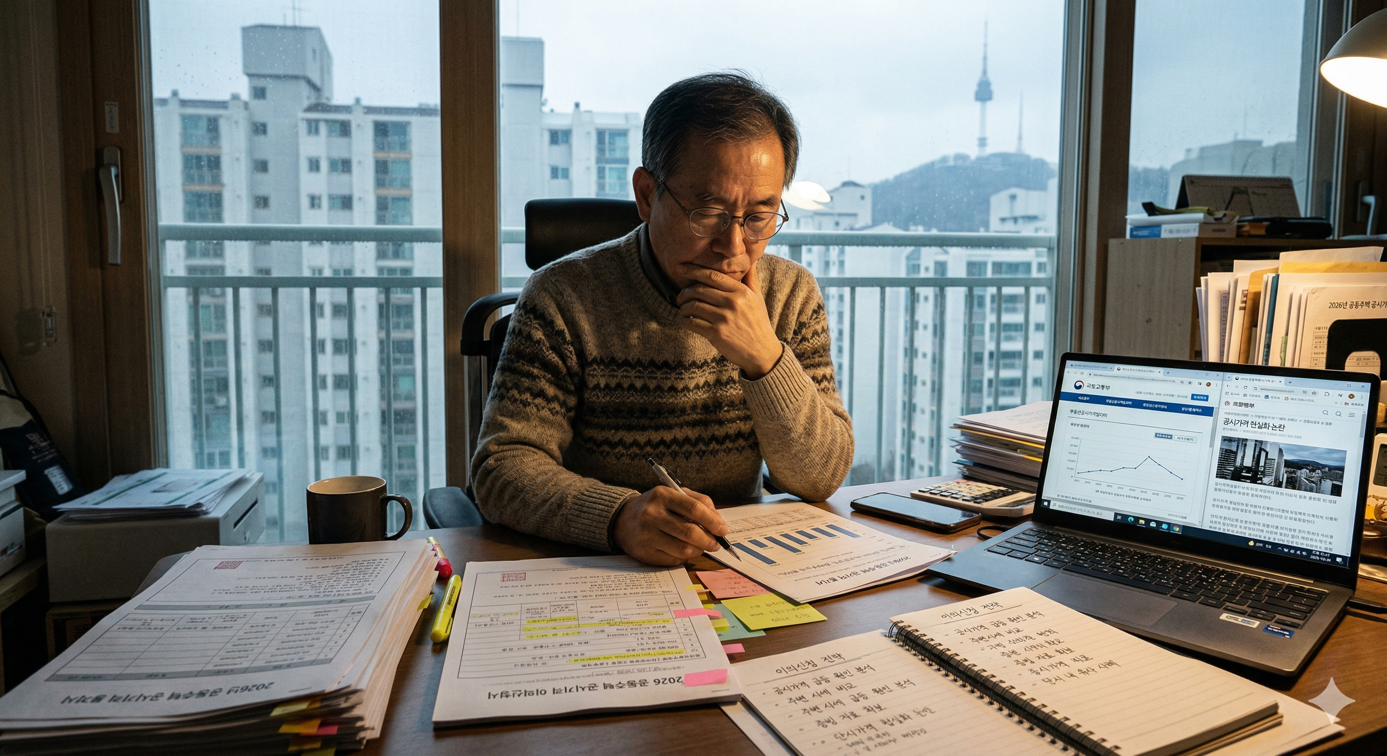 2026년 공동주택 공시가격에 대한 이의신청서를 작성하며 전략을 짜는 한국 집주인의 모습