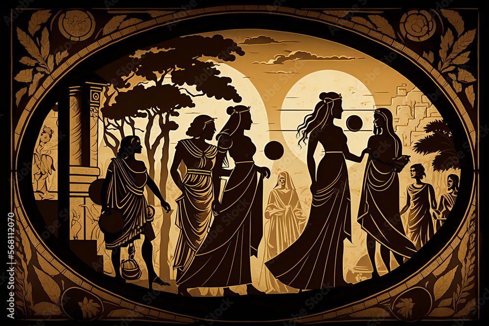 고대 그리스의 신화적 분위기를 강조하는 흑색 도기 이미지