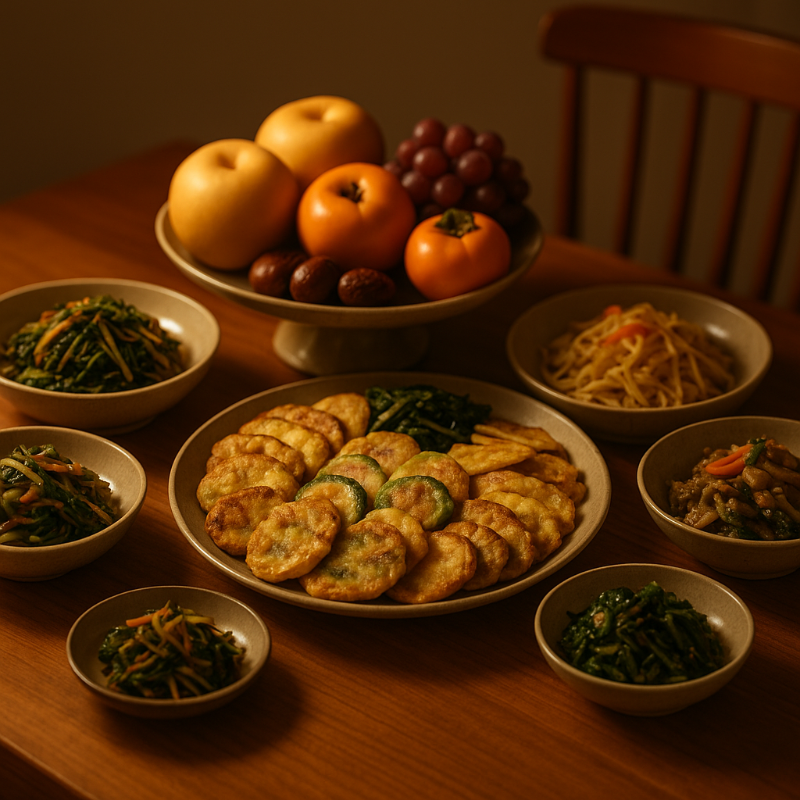 따뜻한 조명 아래 전통 명절 음식이 놓인 식탁, 전·나물·과일
