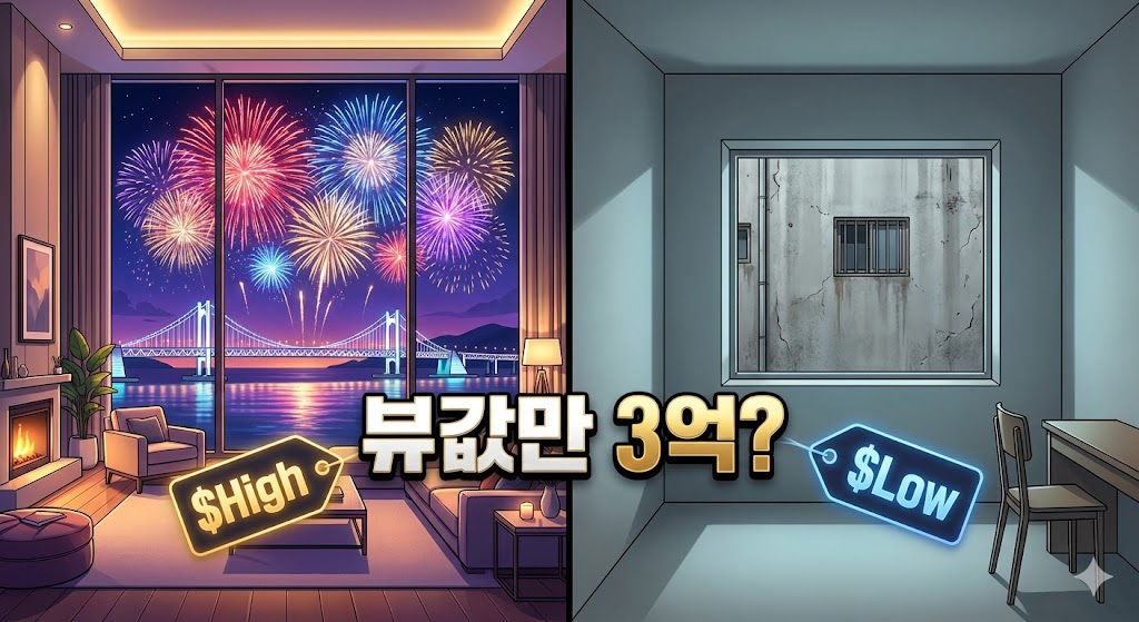 광안리 불꽃축제 명당 아파트 뷰 차이 비교 일러스트, 오션뷰와 시티뷰 가격 차이 썸네일