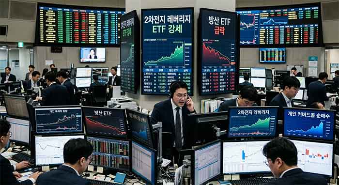 증권사 트레이딩룸의 모니터에 ETF 시장 현황이 표시된 이미지.