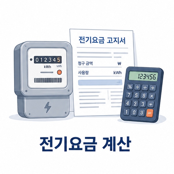 전기계량기와 고지서, 계산기를 이용해 가정에서 전기요금을 계산하는 방법을 소개하는 그림