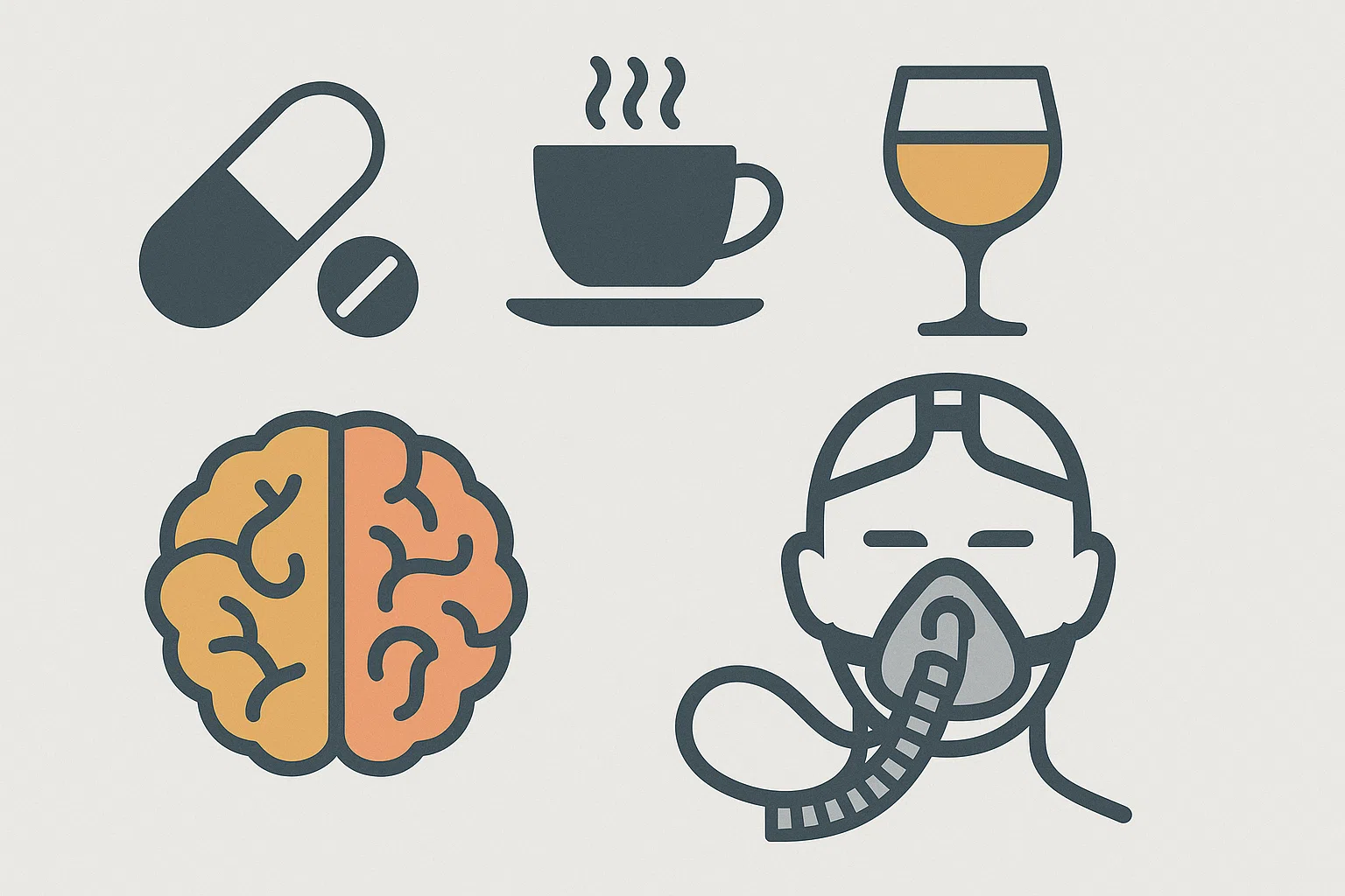 약물(알약 아이콘), 커피잔, 술잔, 뇌 아이콘(파킨슨·알츠하이머 연상), 수면 무호흡 마스크 등이 함께 배치된 인포그래픽