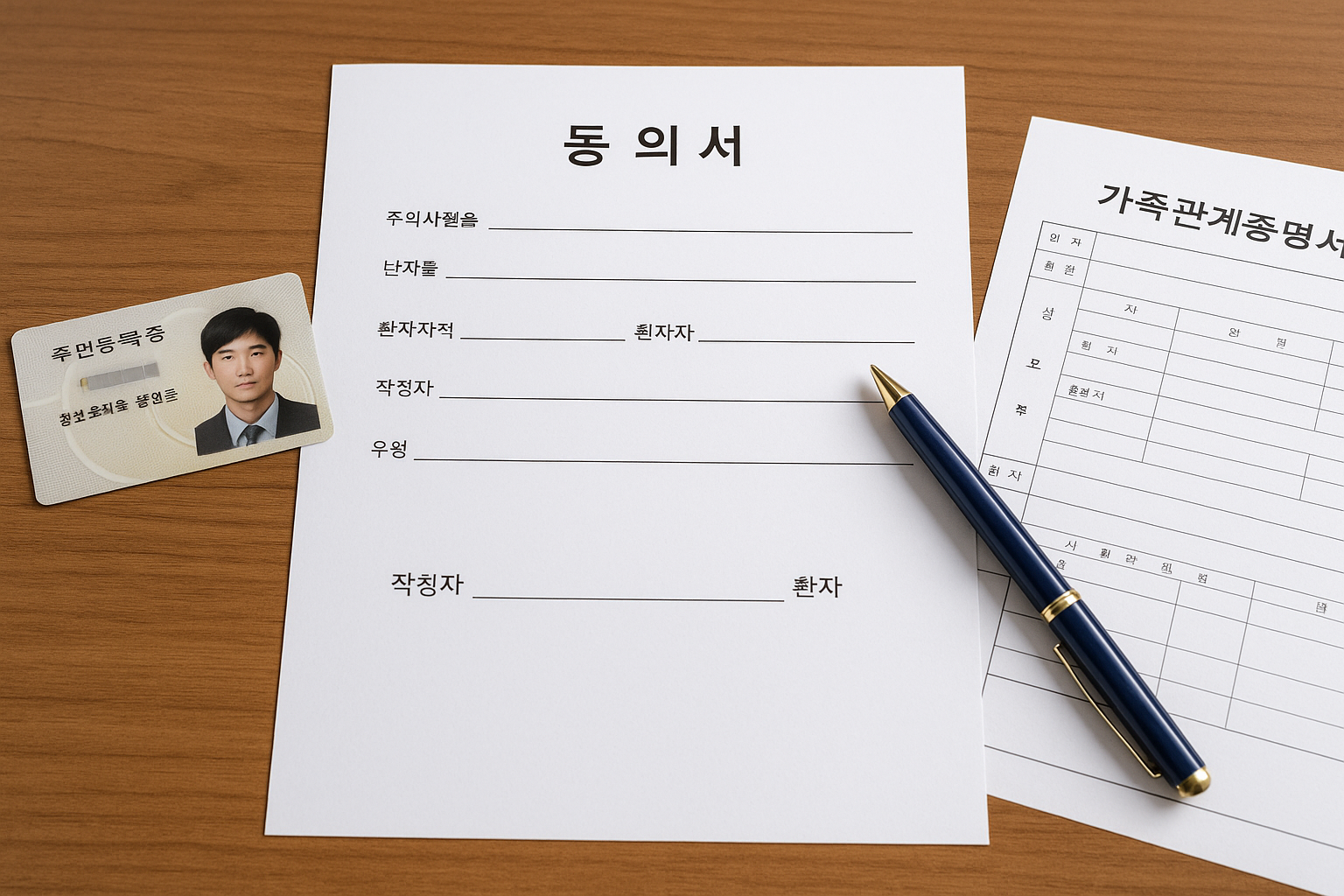 동의서와 주민등록증, 가족관계증명서, 서명용 펜이 정돈된 모습