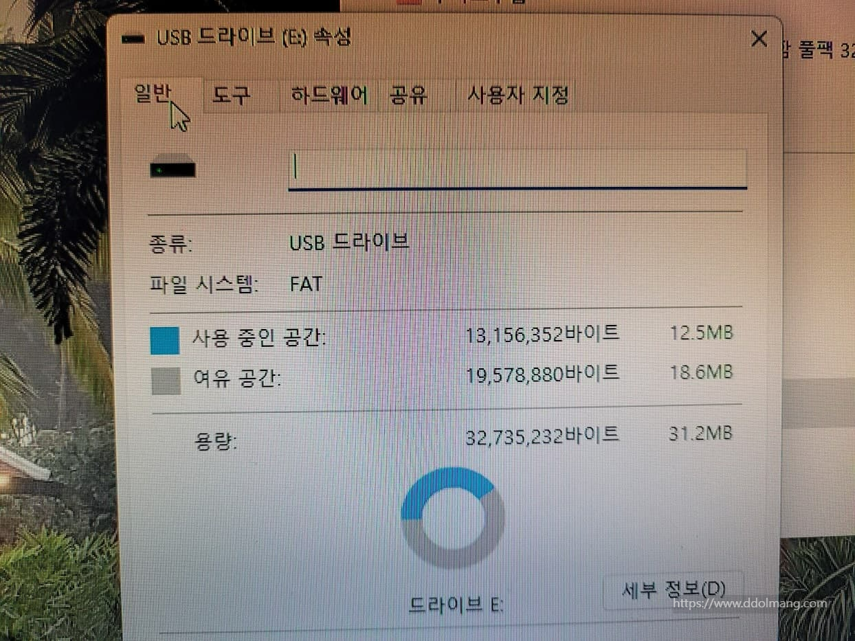 파일 시스템은 FAT, 전체 용량은 약 31.2MB로 확인