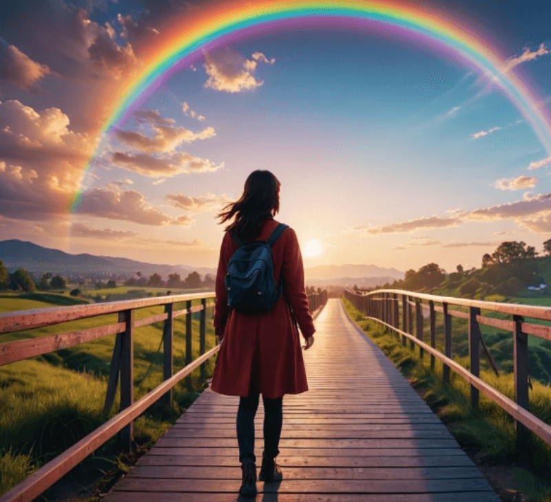 하늘에 떠 있는 무지개를 바라보는 여자 뒷모습