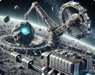 우주 자원 채굴을 보여주는 소행성의 채굴 기술 이미지