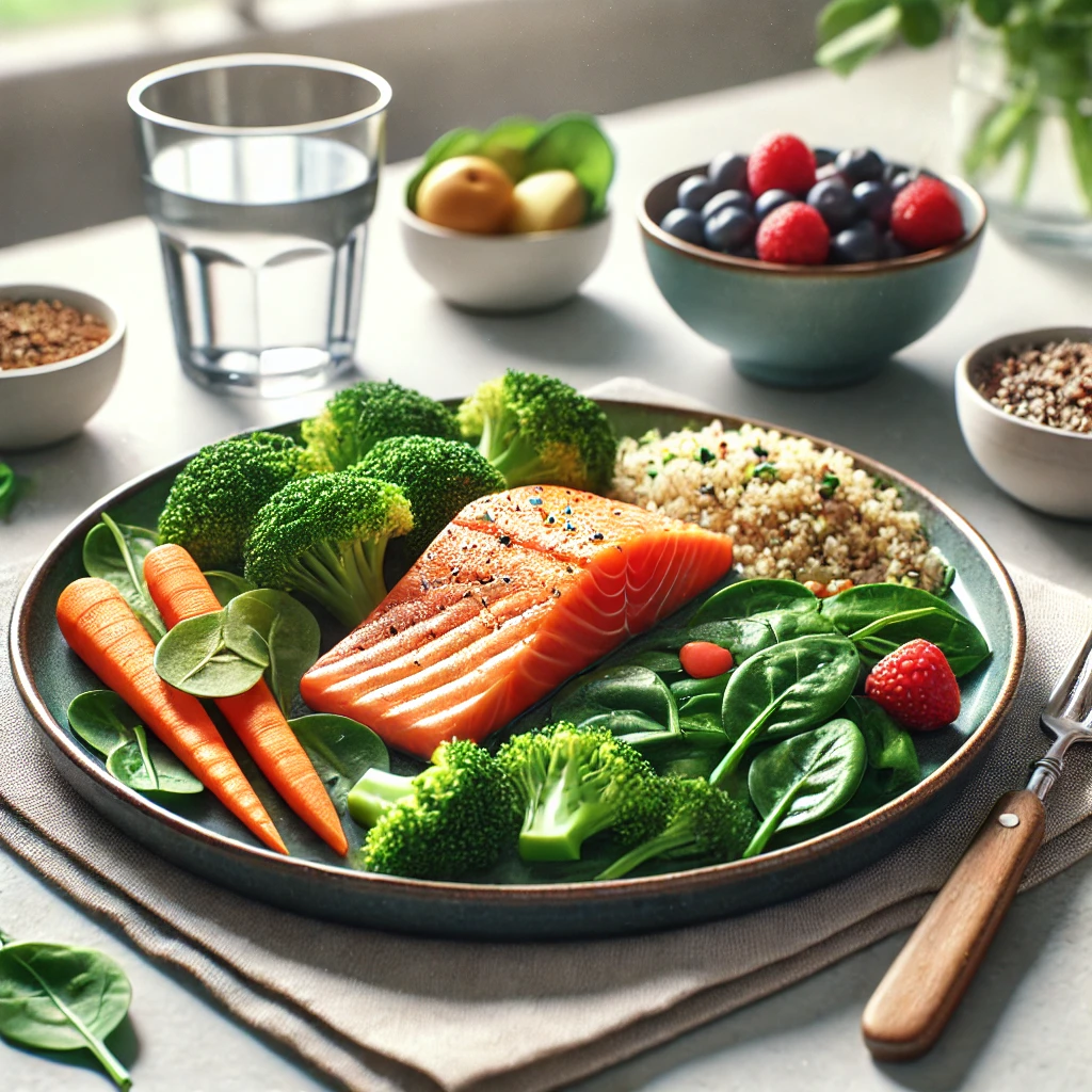 건강한 식단을 챙기는 모습, 신선한 채소와 단백질 식단이 담긴 접시
