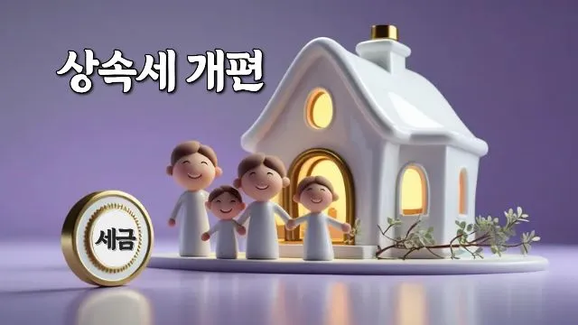 상속세 개편 안내 썸네일: 집 앞의 가족과 세금 스탬프가 보이는 3D 일러스트—2025 현행 상속세 세율·공제 가이드