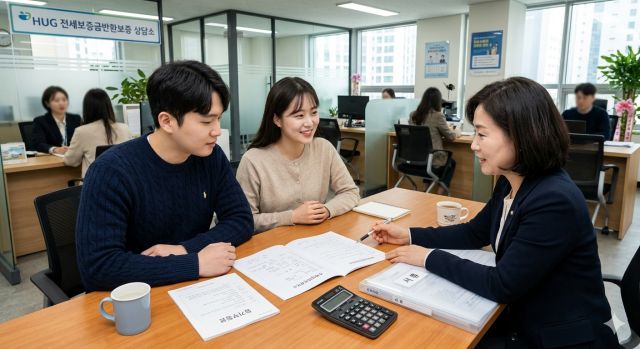 전세보증보험 가입 조건 확인을 위해 임대차계약서와 등기부등본을 살펴보는 모습