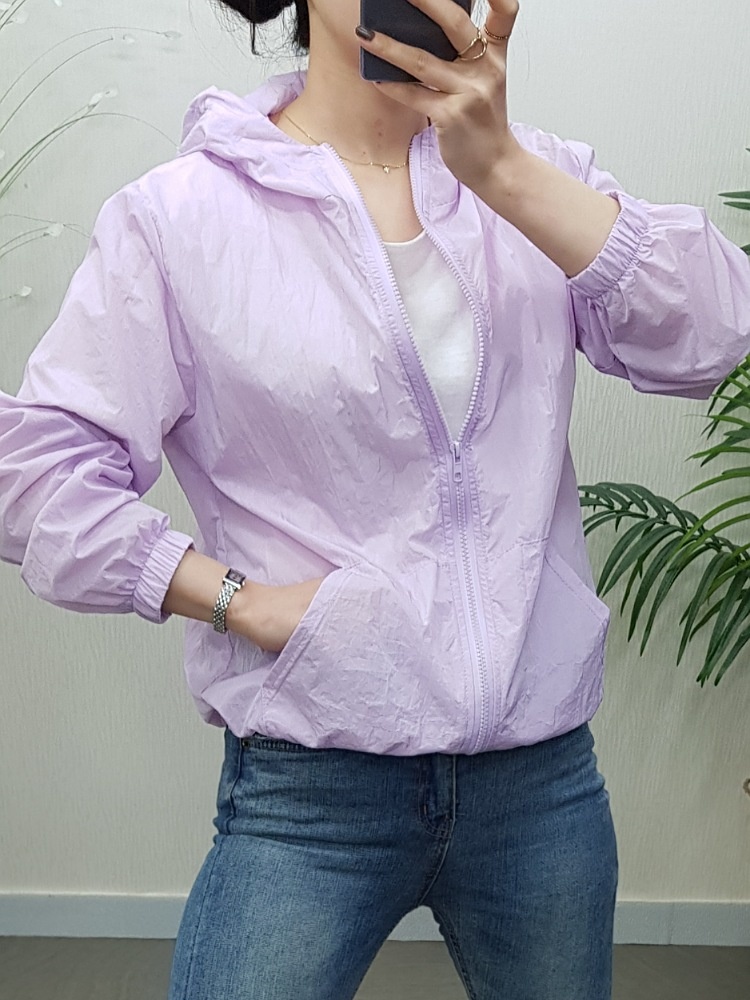 봄 여름 무지 바스락 밴딩 숏 집업 후드 바람막이 점퍼 바이올렛