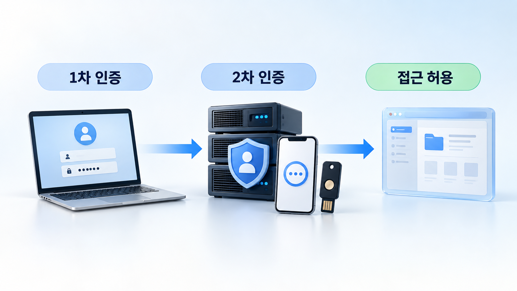 비밀번호 단독 인증과 스마트폰·보안 키를 함께 사용하는 다중요소 인증 구조를 비교
