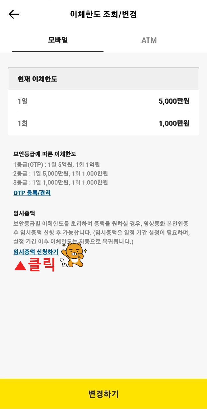 카카오뱅크 이체한도 변경