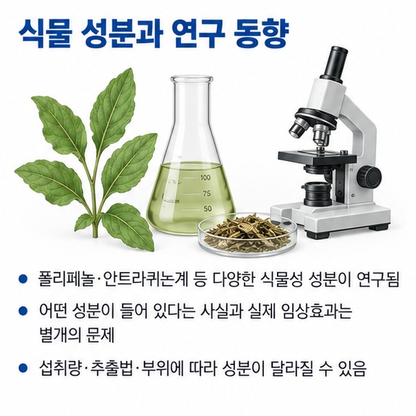 소리쟁이 뿌리 잎의 전통적 이용과 안트라퀴논 폴리페놀 플라보노이드 성분 연구를 구분해 보여주는 이미지