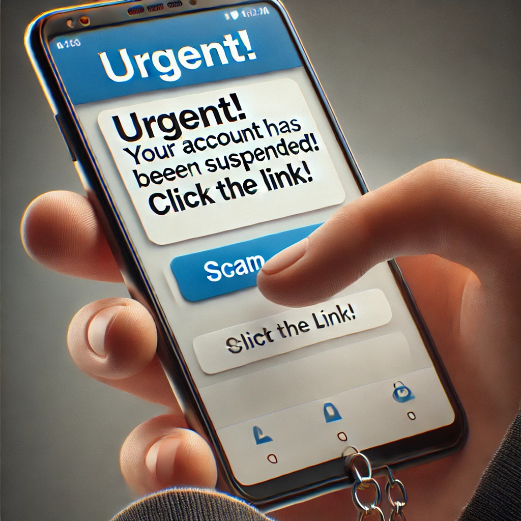 스마트폰 화면에 '긴급! 당신의 계좌가 정지되었습니다. 링크를 클릭하세요!'라는 피싱 문자가 표시되고 손가락이 링크를 누르려는 장면