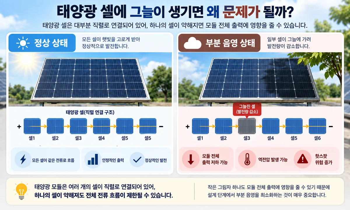 태양광 셀 정상 상태와 부분 음영 상태의 출력 저하 및 핫스팟 위험을 비교한 인포그래픽