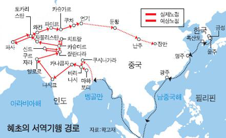 왕오천축국전(신라시대의 승려 혜초가 고대 인도의 5천축국을 답사한 경로)