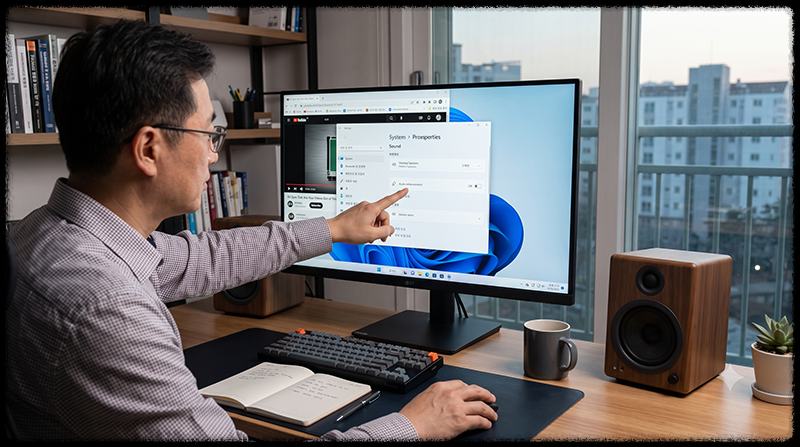 Windows 11 오디오 향상 기능을 끄고 유튜브 소리 싱크를 확인하는 모습