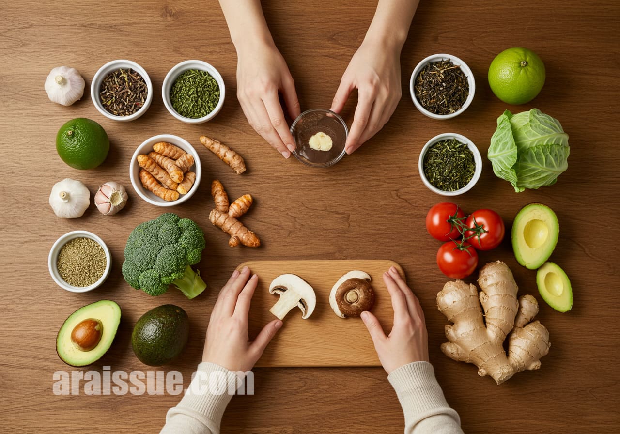 다양한 항암 식품이 나무 테이블 위에 정리되어 있고, 한국인의 손이 식재료를 배열하고 있습니다. 실전 식단 설계를 암시하는 구도입니다.