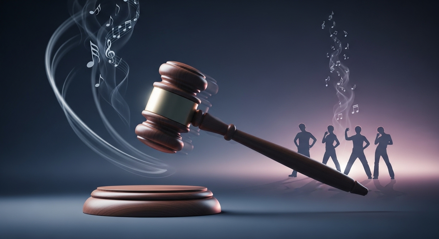 법정 망치가 놓여있고, 배경에 음악 관련 요소가 희미하게 보이는 이미지로, 엔터테인먼트 업계의 법적 분쟁 해결을 상징합니다.