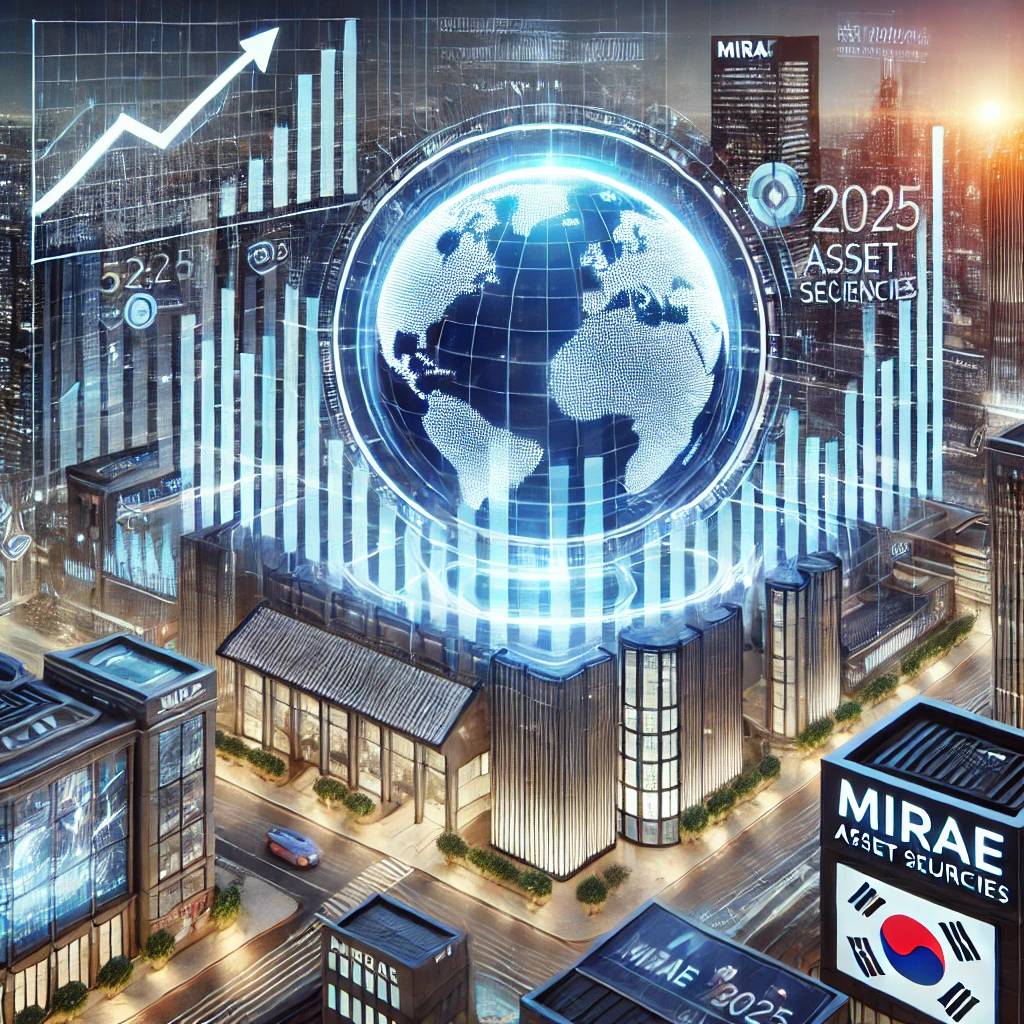 한국의 미래형 증권 시장 장면. 미래에셋증권 로고와 함께 상승하는 주식 차트, 주가를 표시하는 디지털 스크린, 현대적인 금융 지구 배경이 포함된 이미지. 2025년의 금융 성장과 투자 트렌드를 강조하는 하이테크 스타일의 디자인.