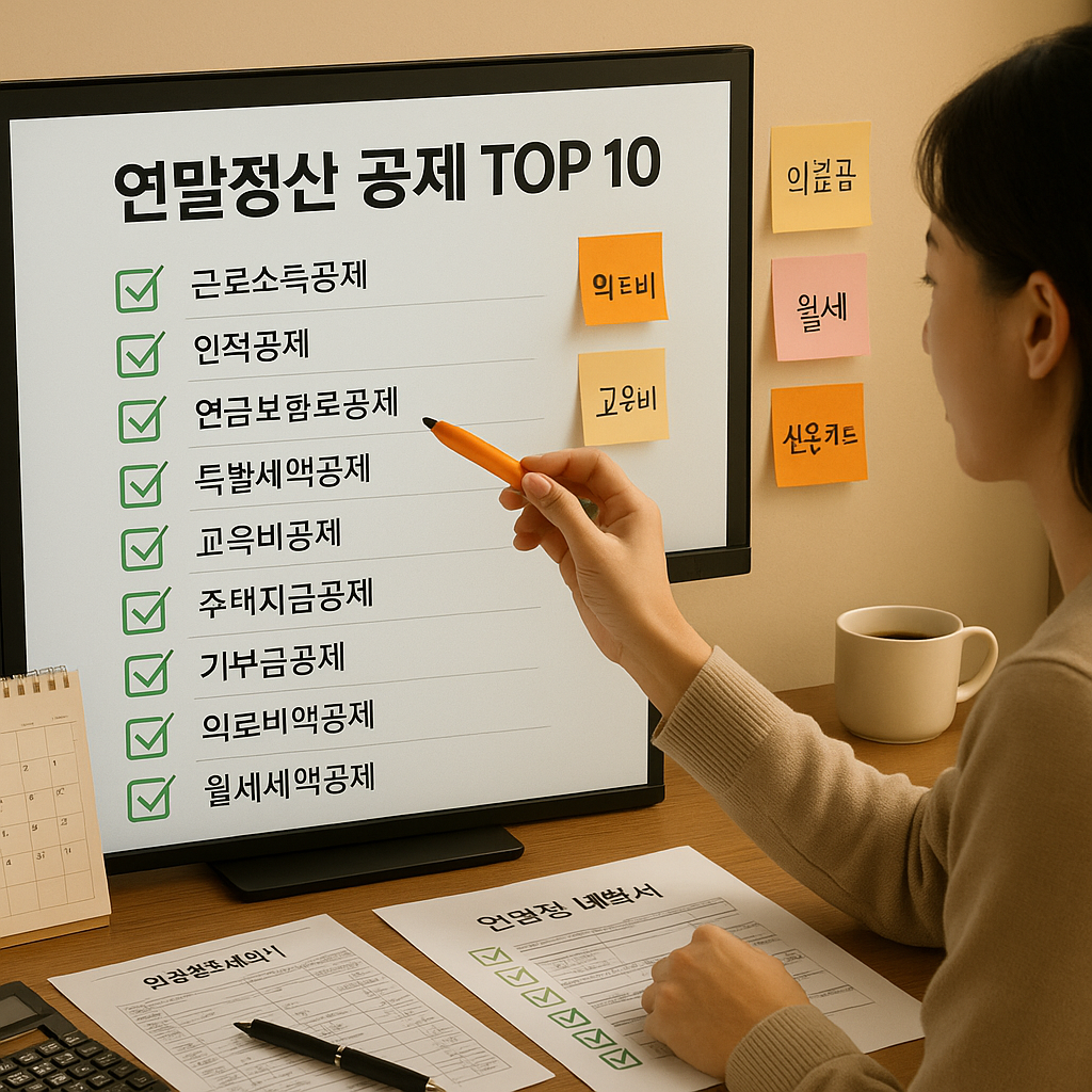연말정산 공제 항목 TOP 10을 체크리스트로 확인하는 직장인의 책상 – 기부금, 의료비, 월세, 카드사용 내역 등이 표시된 장면