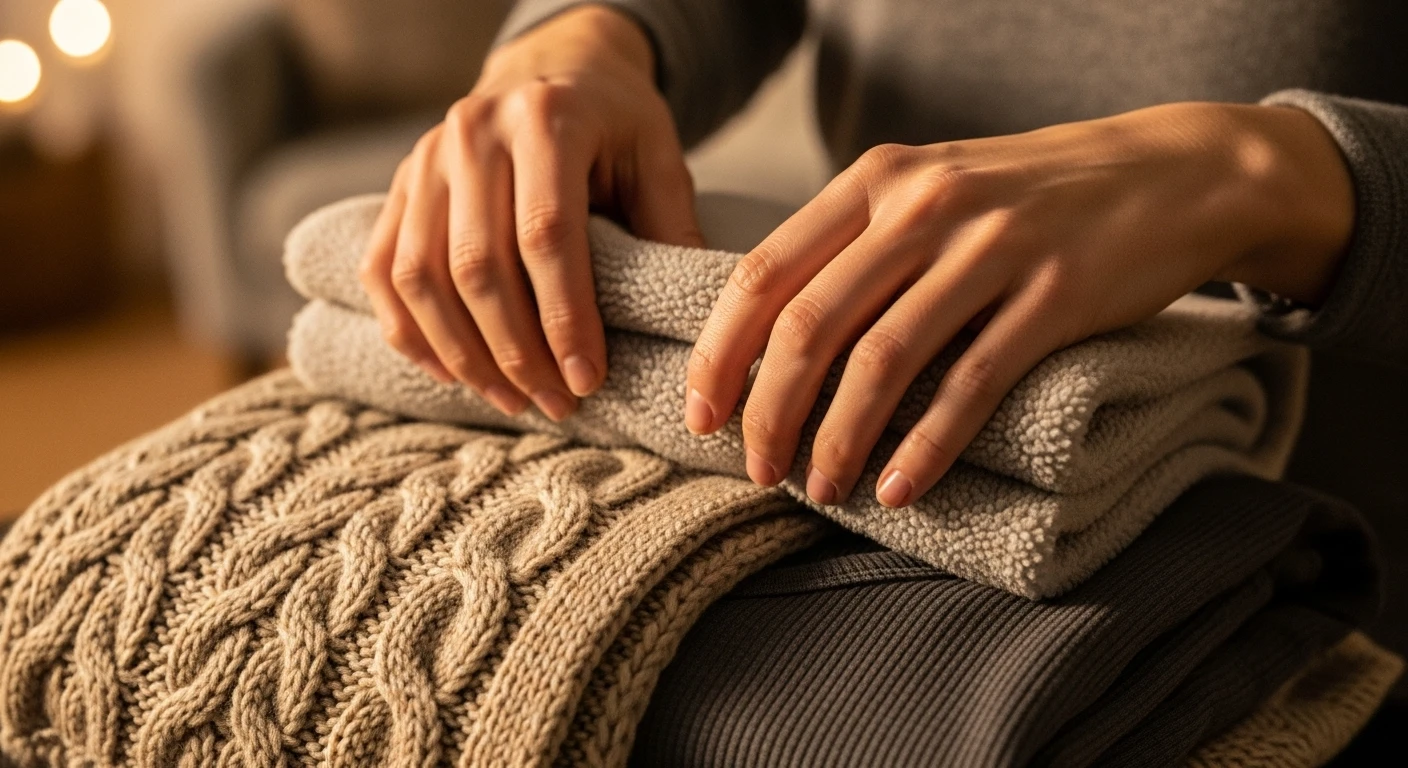 여러 겹의 옷을 따뜻하게 겹쳐 입는 손의 모습.
