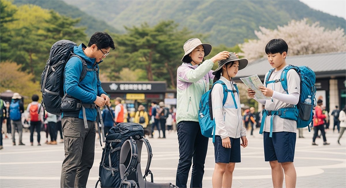 가족 단위 방문객이 산행을 준비하는 모습 