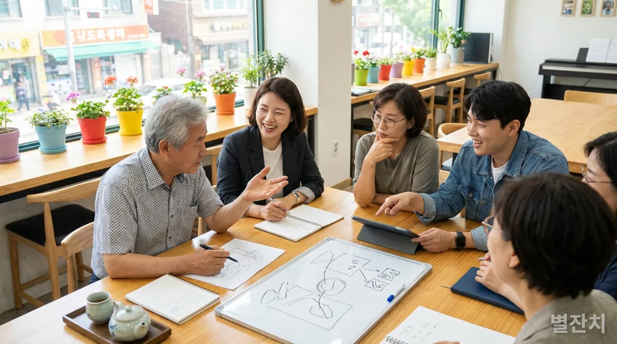 다양한 연령과 직업의 한국인들이 현대적인 공간에서 협력하여 아이디어를 나누는 모습.
