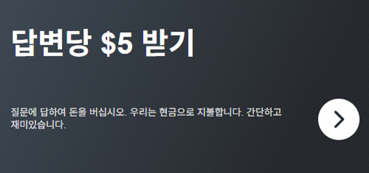 설문조사 응답당 최대 5달러 지급을 홍보하는 글로벌 리서치 플랫폼 광고 문구
