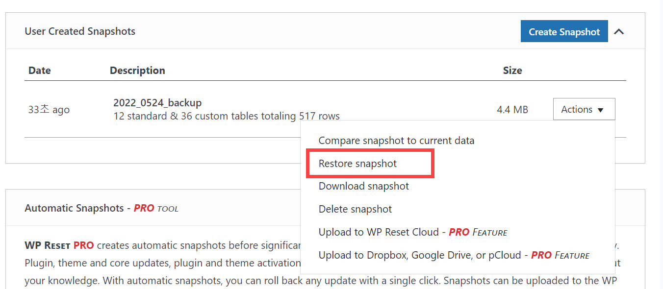 워드프레스 WP Reset 플러그인의 멀티사이트 호환성 - 스냅샷 복구