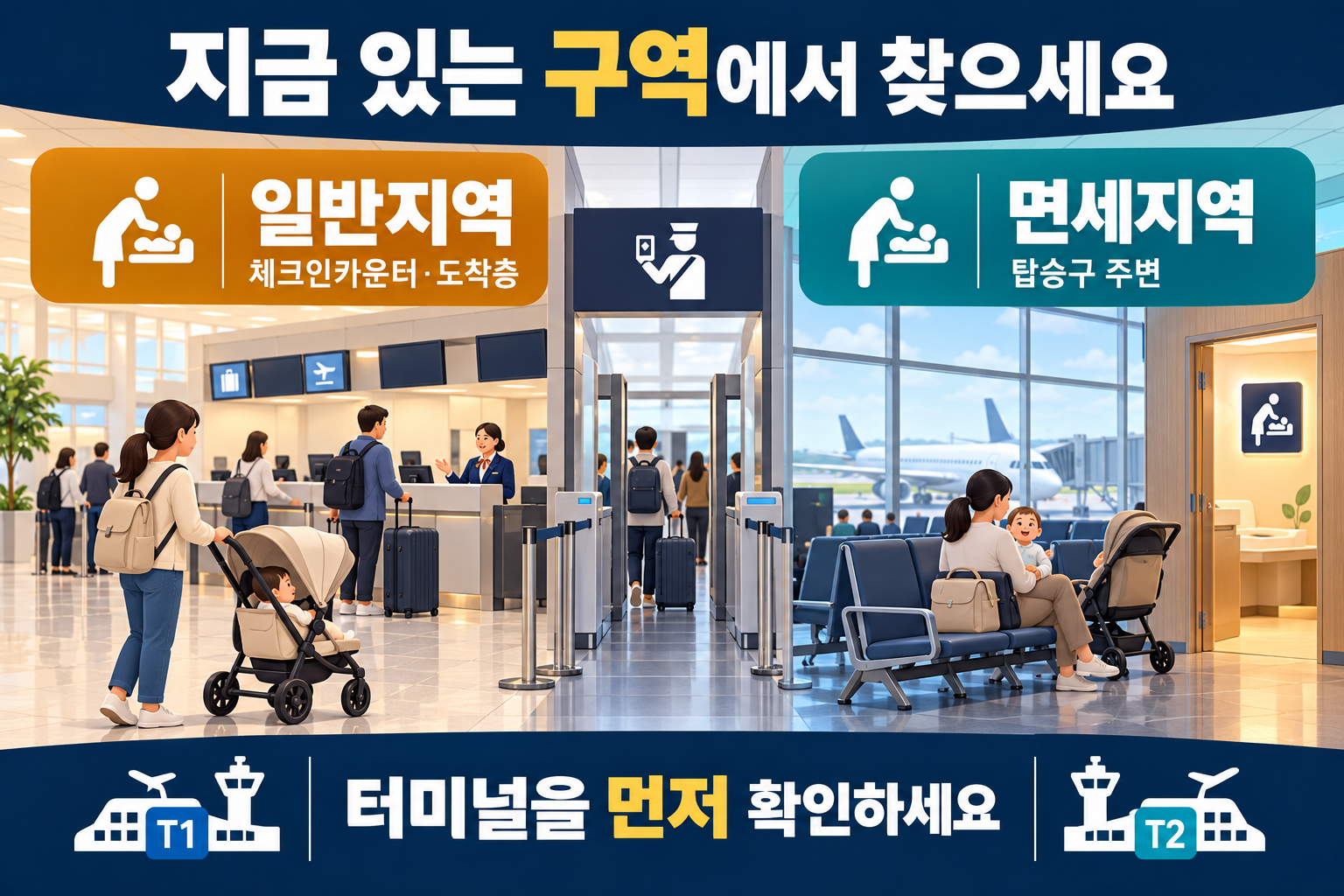 체크인카운터가 있는 일반지역과 탑승구가 있는 면세지역을 구분한 그림