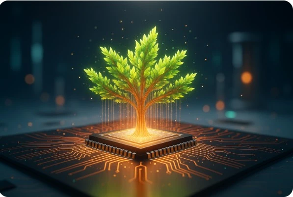 반도체 칩 위에서 빛나는 나무가 자라나는 모습