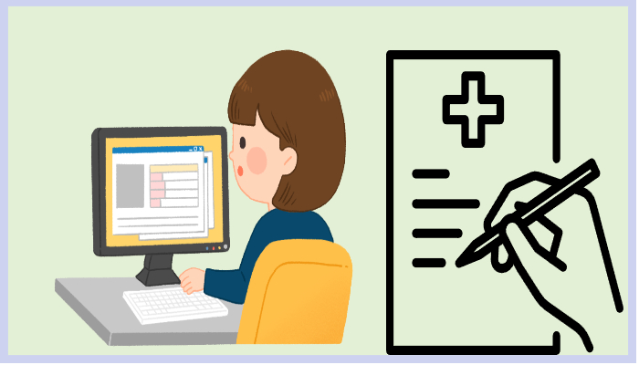 온라인 포털에서 진료기록을 조회하는 여성과 진료기록 양식을 작성하는 손의 이미지로 진료기록 발급포털을 통한 비대면 발급 절차를 보여줌