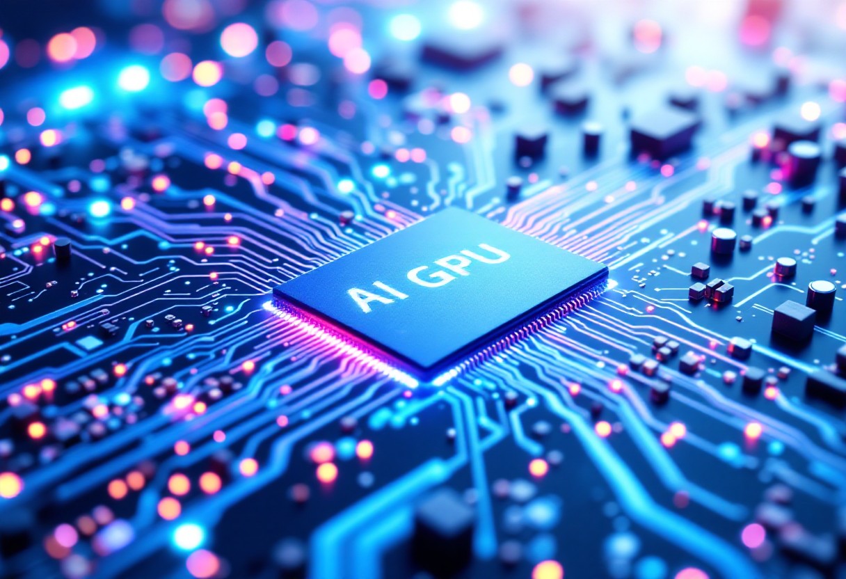 HBM(고대역폭 메모리)과 AI GPU 칩이 연결된 모습, 3D 적층 패키징 기술 구현