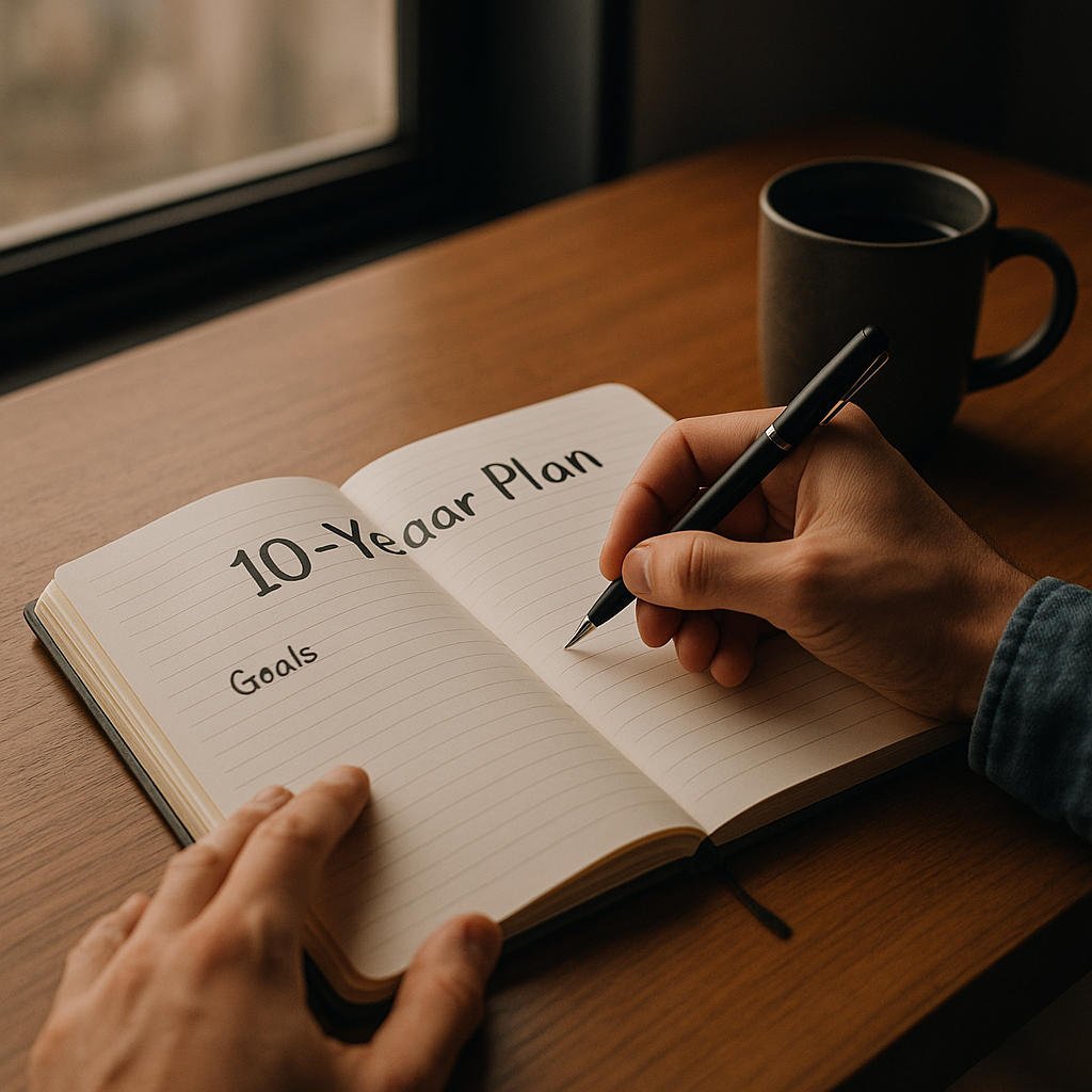 창가에 앉아 10년 계획 노트에 목표를 작성 중인 사람의 손 &ndash; 장기 루틴과 인생 로그북 실천을 상징하는 이미지