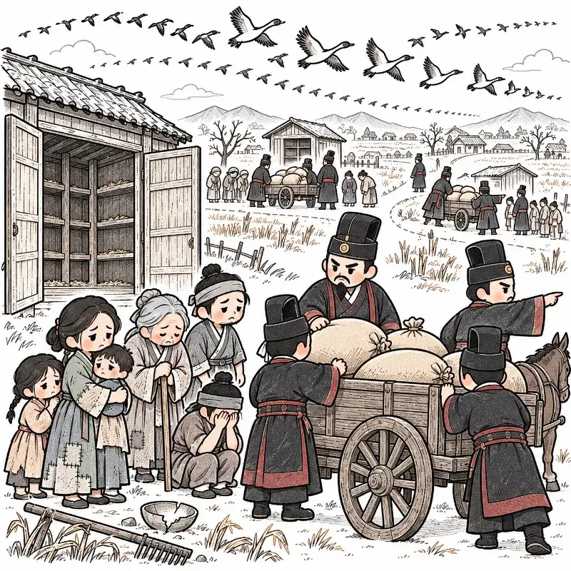 Officials confiscating the last grain from suffering villagers beneath a flock of geese