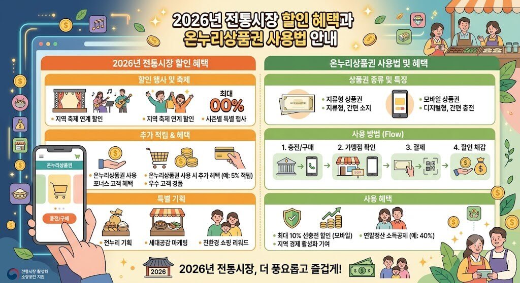 2026년 전통시장 할인 혜택과 온누리상품권 사용법 안내 인포그래픽