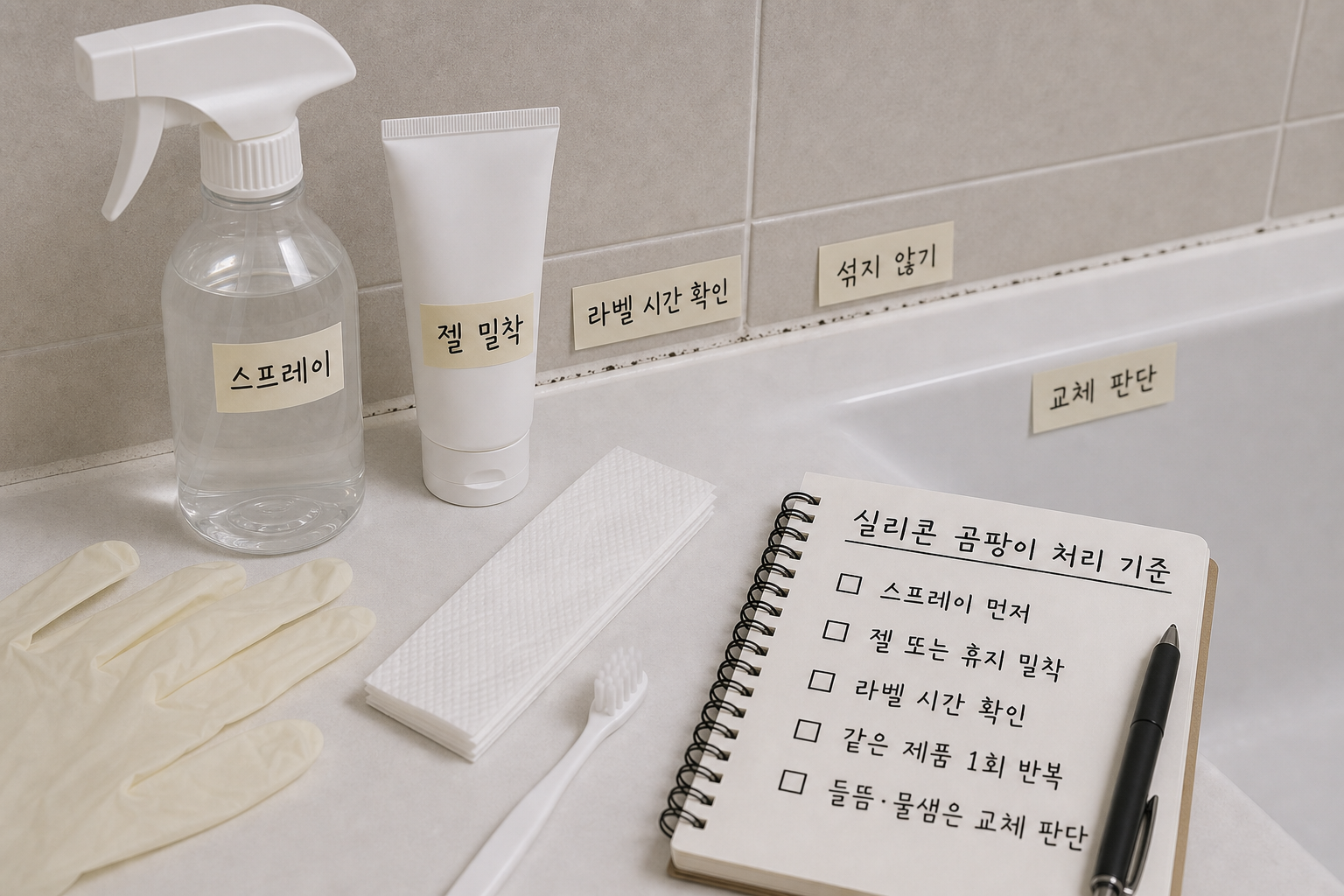욕실 실리콘 줄의 까만 곰팡이와 스프레이 젤 휴지 밀착 교체 판단 도구를 확인하는 장면