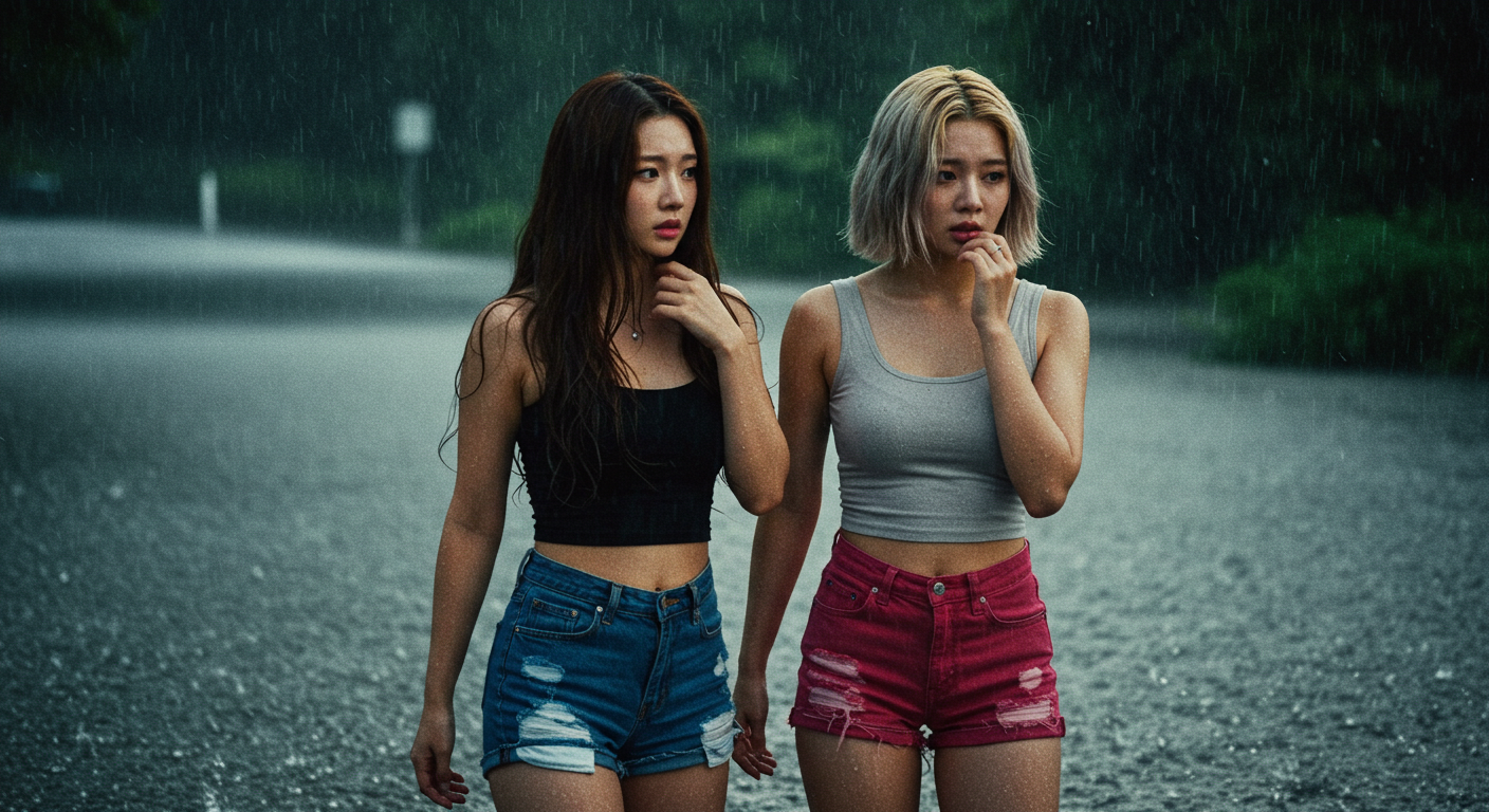 비에 잠긴 도로에 서있는 여성들