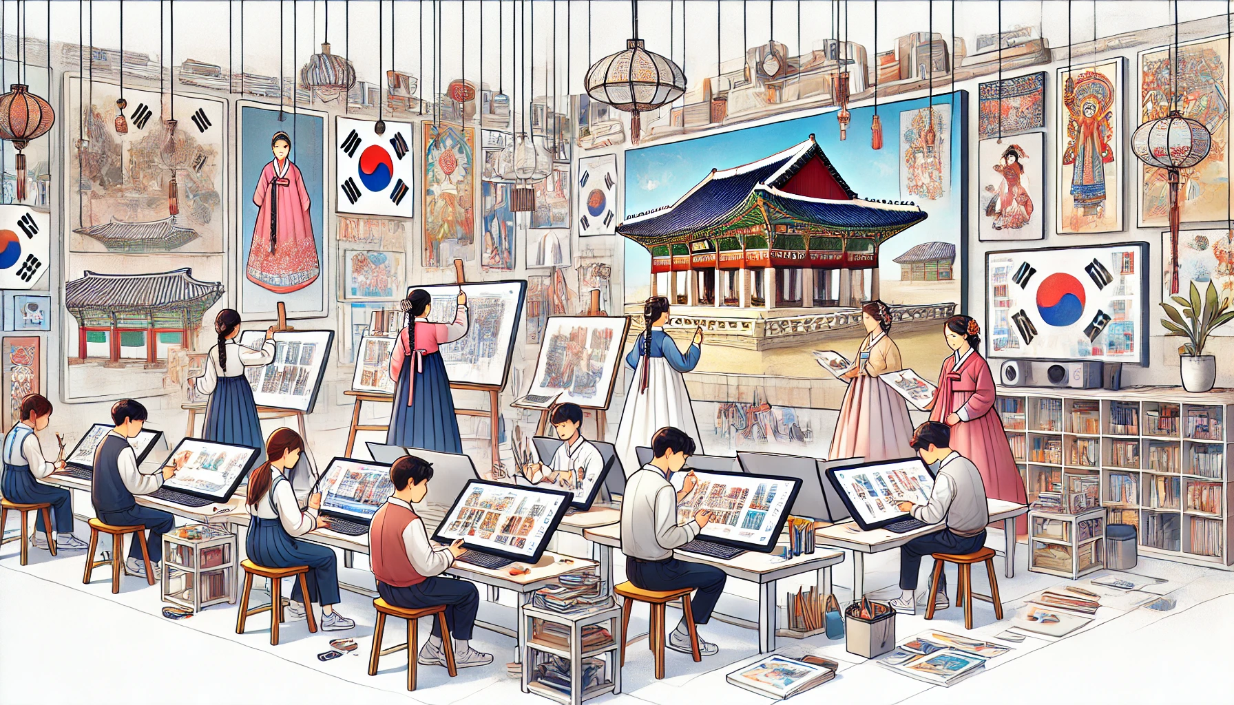 전통 한국 문화를 현대적으로 재해석하는 디자인 작업을 하고 있는 학생들의 창의적이고 생동감 있는 모습