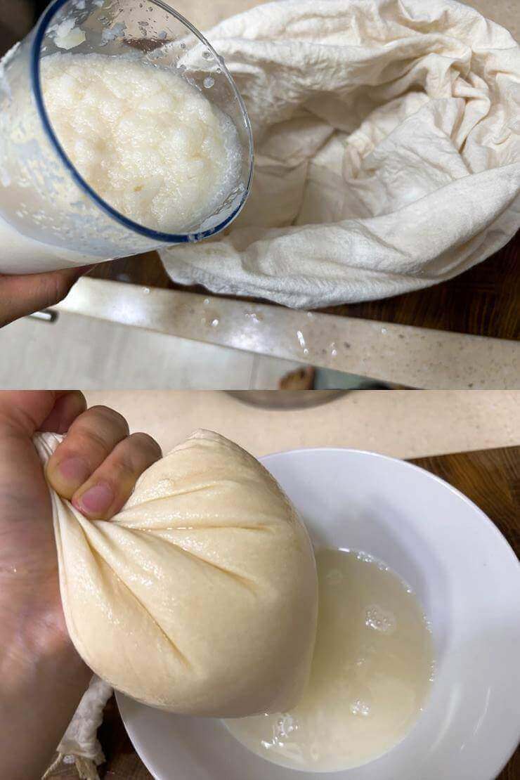 사진 2장이 세로로 붙어 있다.
첫 번째 사진은 간 배와 양파를 면포에 넣고 있다.
두 번째 사진은 면포로 배와 양파의 즙을 짜고 있다.