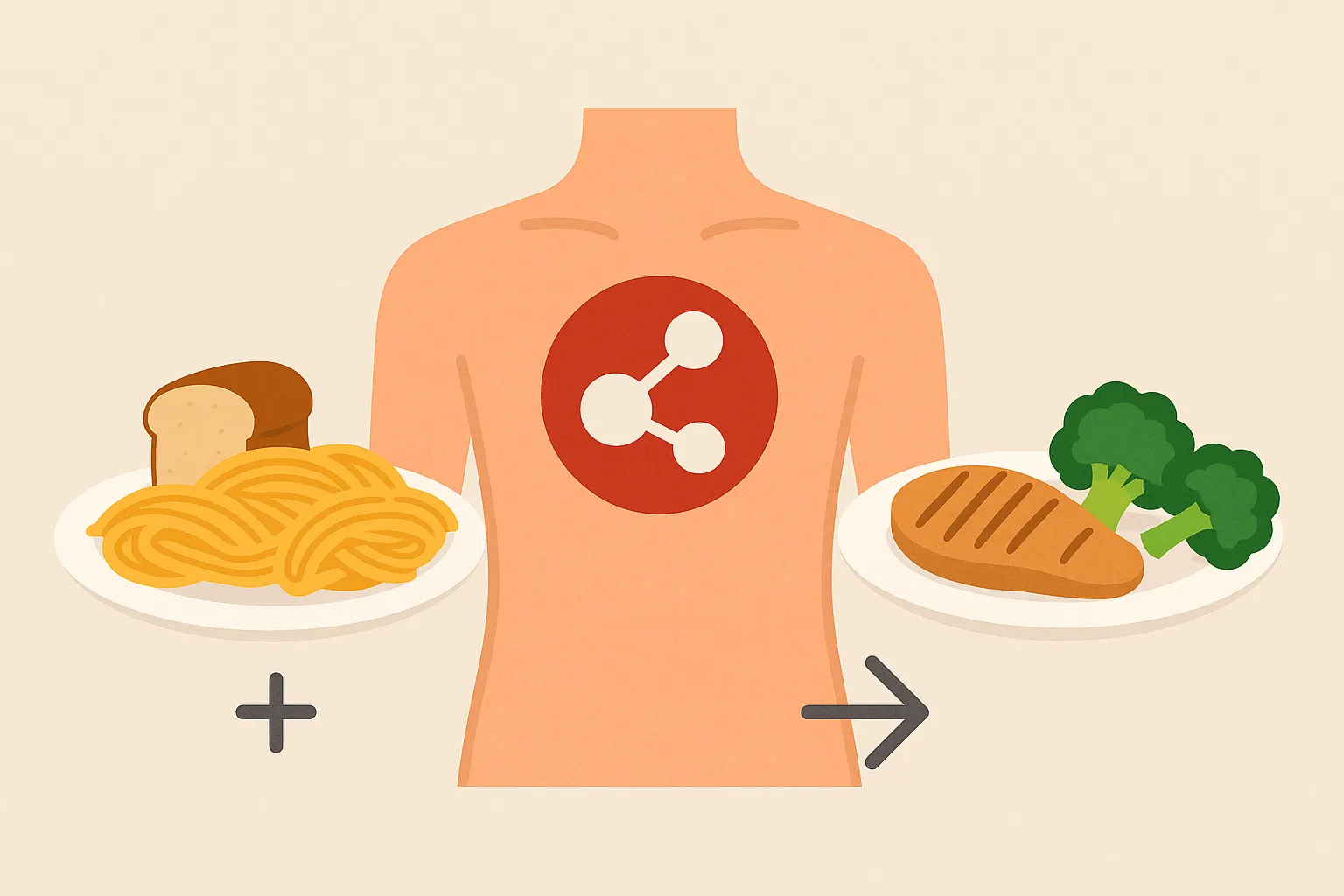 탄수화물과-단백질을-함께-먹었을-때-나타나는-대사-반응을-상징적으로-표현한-일러스트-이미지로-밥과-고기가-함께-소화되는-장면을-묘사