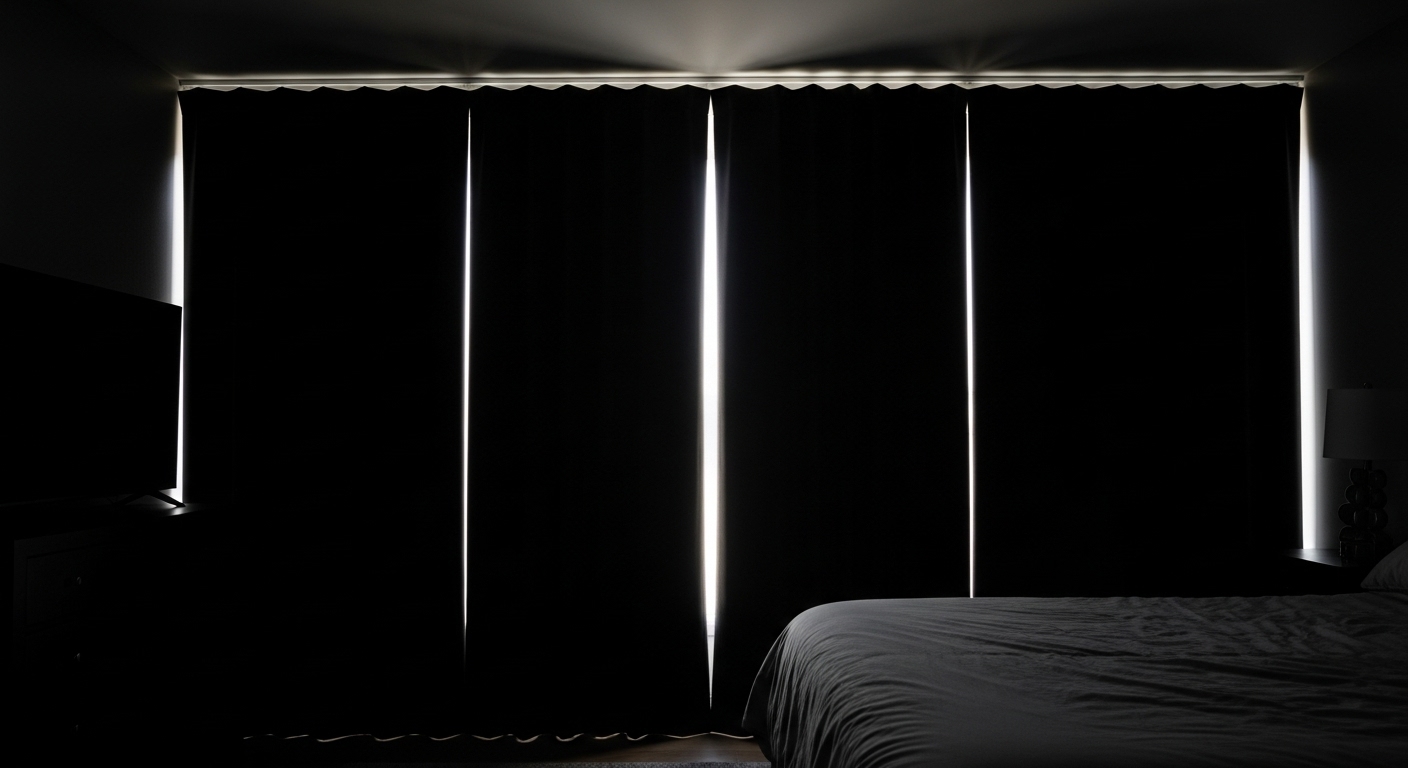 외부 빛을 완벽하게 차단하고 있는 두꺼운 암막 커튼이 쳐진 침실 창문.