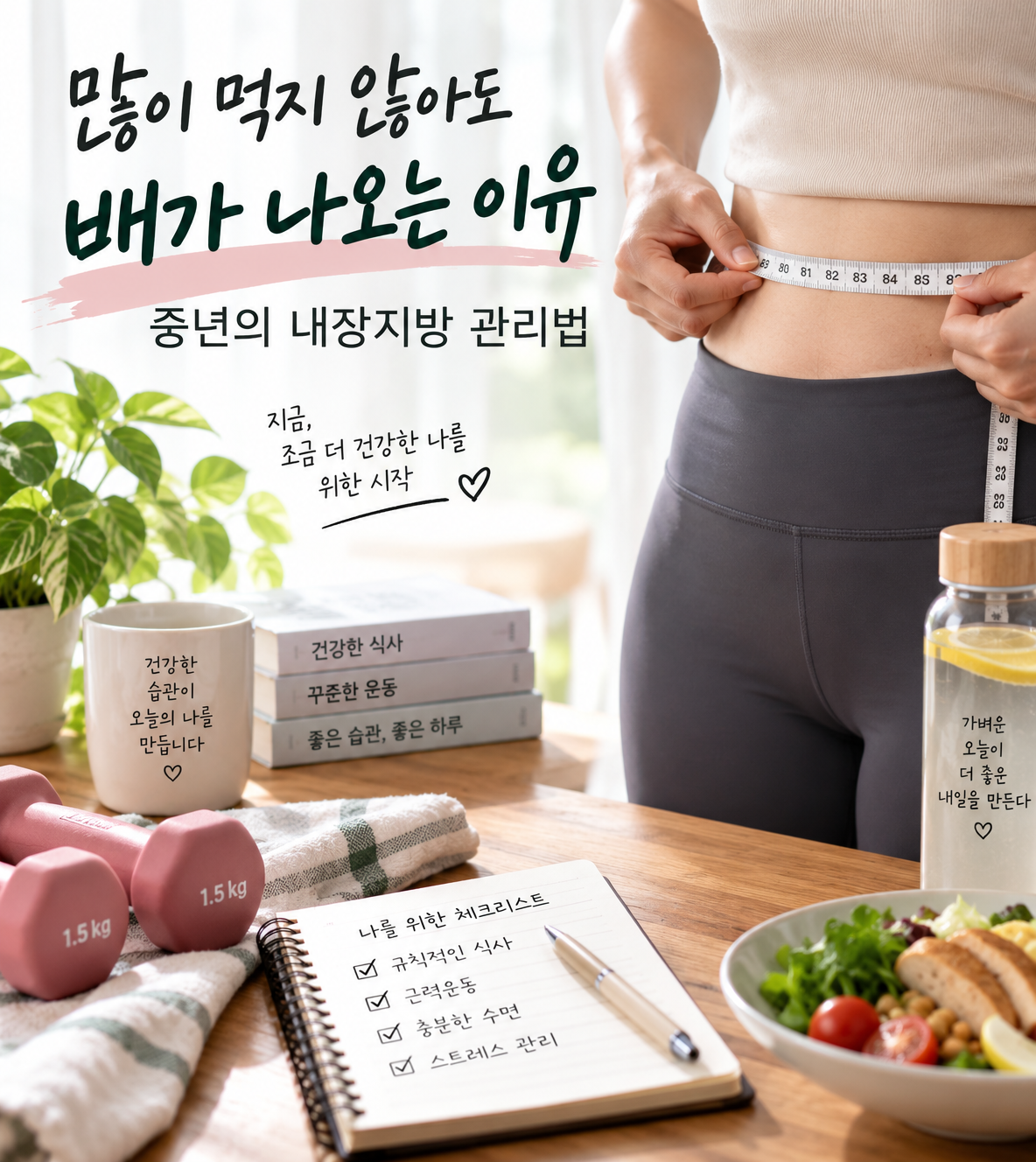 허리둘레를 재며 중년의 복부지방을 관리하는 모습