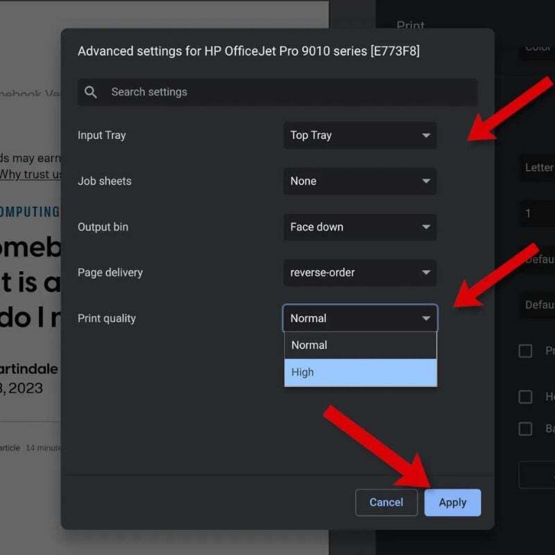 입력 및 출력 용지함, 원하는 인쇄 품질 등을 선택할 수 있는 새 창