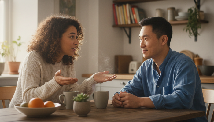 부엌 테이블에서 서로를 마주 보며 진지하게 경청하고 있는 다정한 커플의 모습