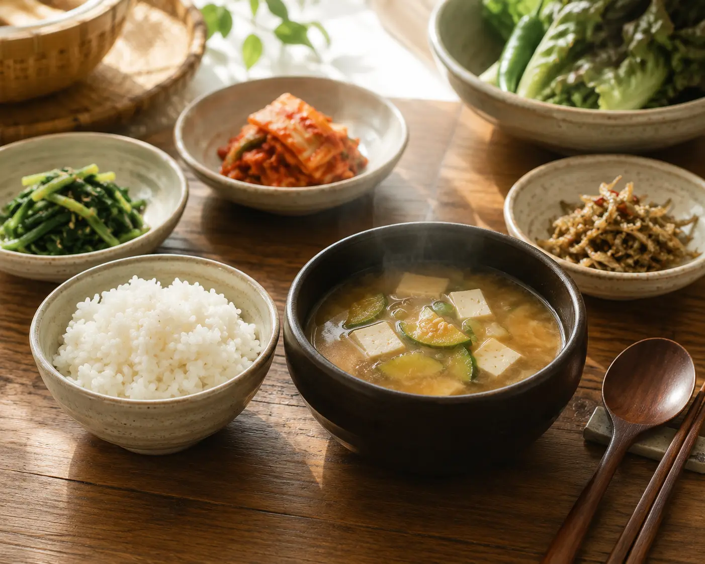 된장국과 흰쌀밥이 차려진 소박한 한식 밥상