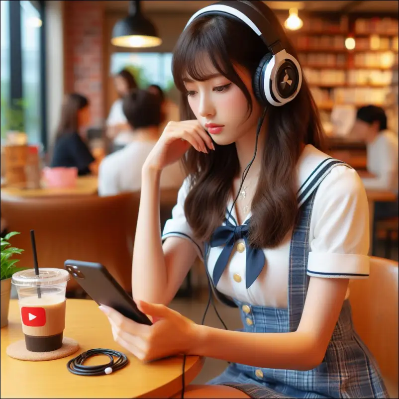 카페에서 유튜브 뮤직 음질 설정 변경하고 있는 여학생
