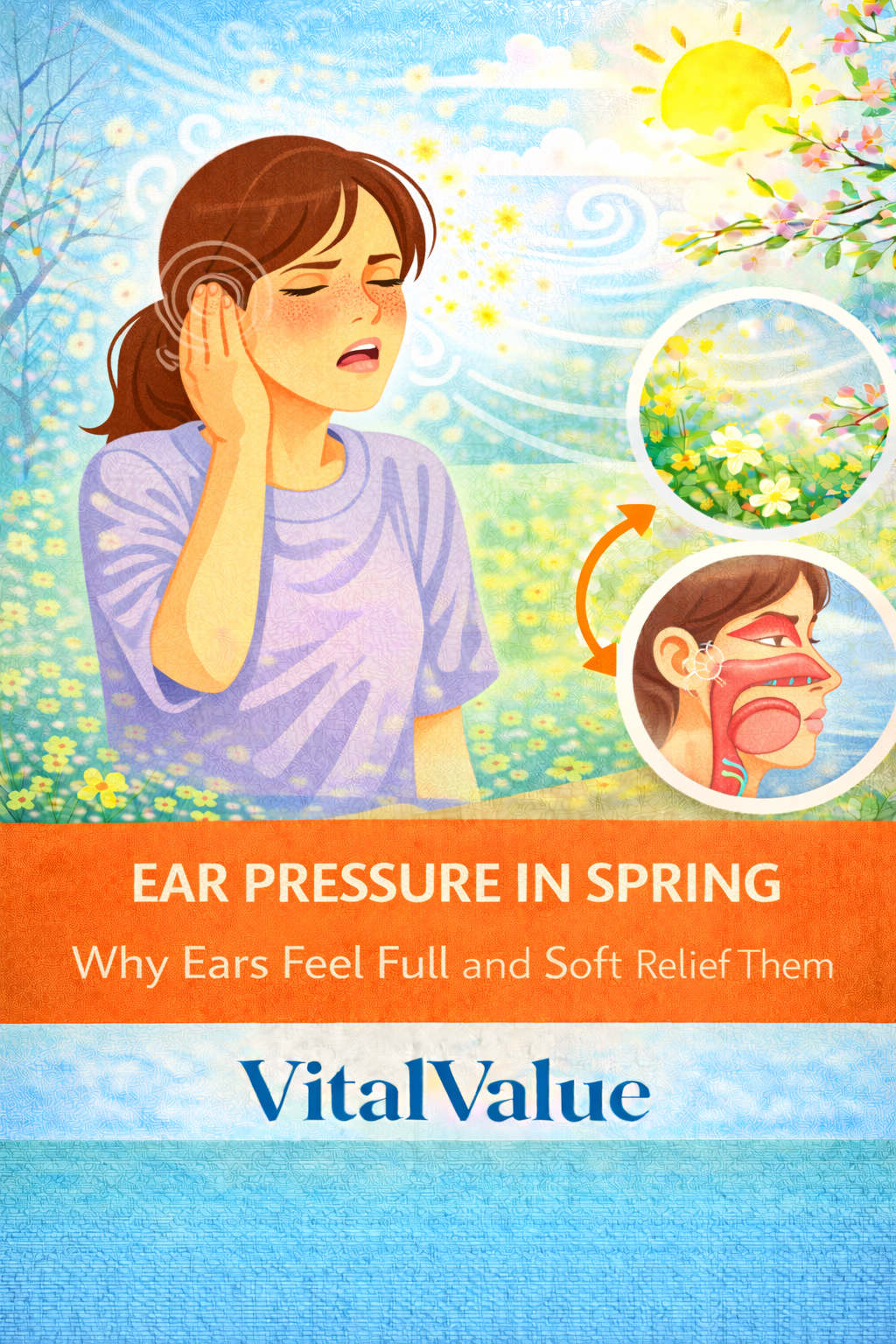 Ear pressure in spring illustration showing a person experiencing ear fullness or muffled sensation as pollen, sinus congestion, and seasonal air pressure changes affect the ears, explaining why ears feel blocked in spring and how gentle habits help relieve pressure.